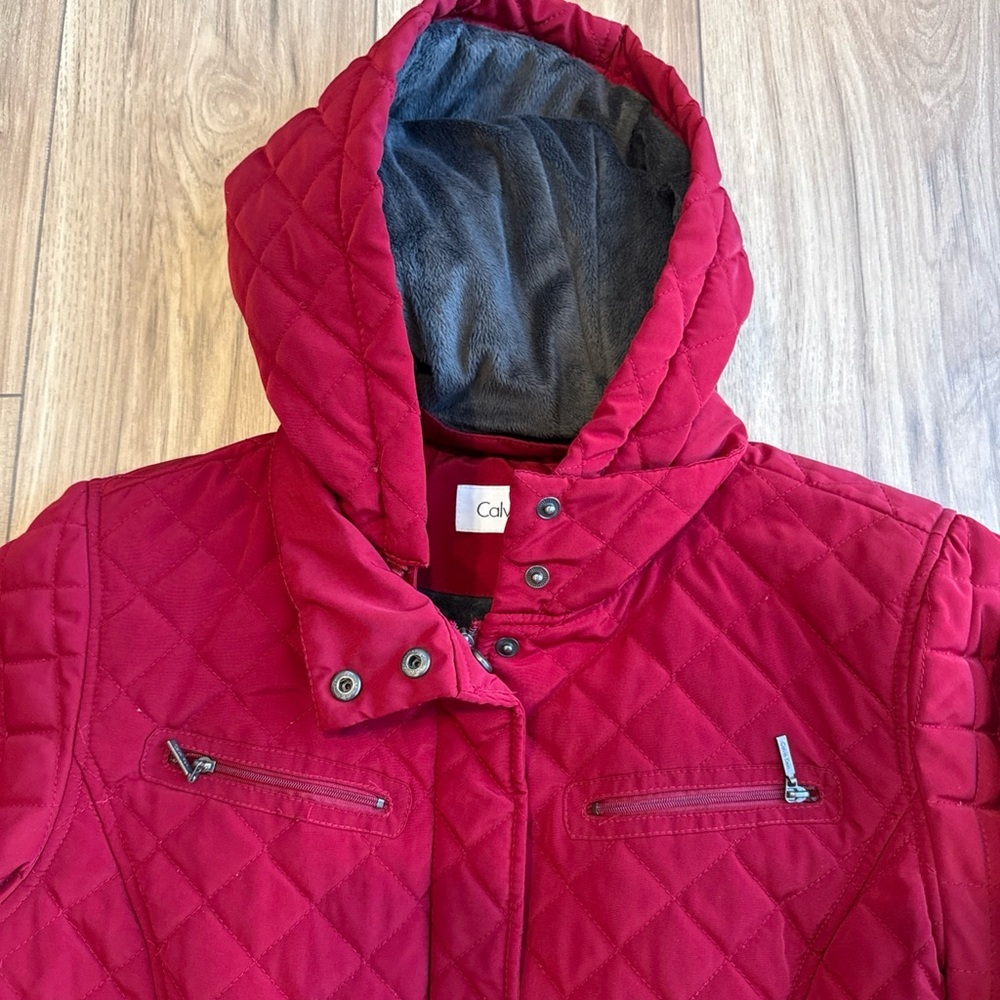 Calvin Klein Women’s Red Quilted  Jacket Size Large Full Zip Removable Hood - Picture 2 of 9